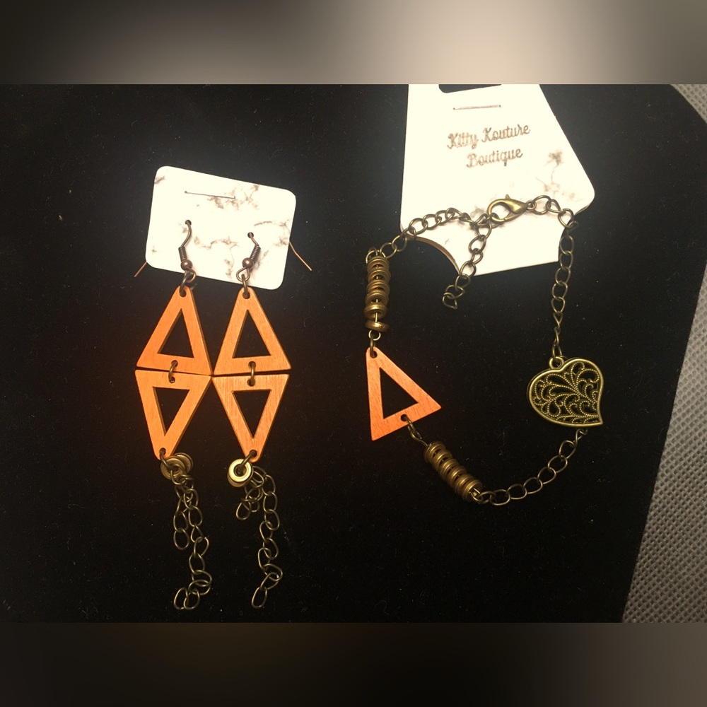 Handmade Orange Triangle & Bronze Earring & Bracelet Set